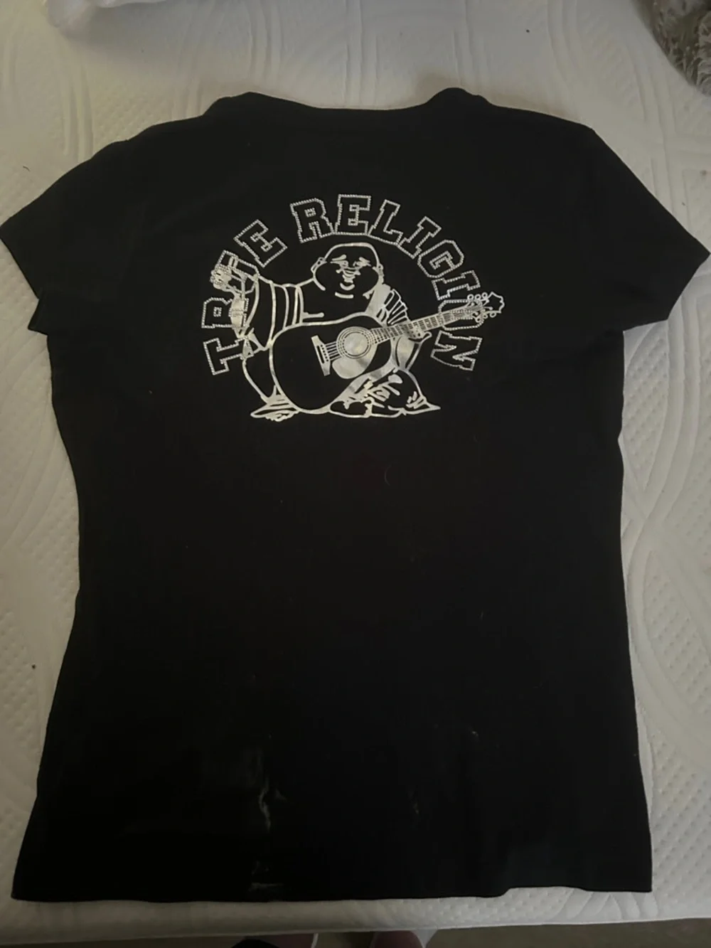 True Religion Black Foil & Rhinestone Buddha Slim V-Neck SS Logo Tee, Size XL